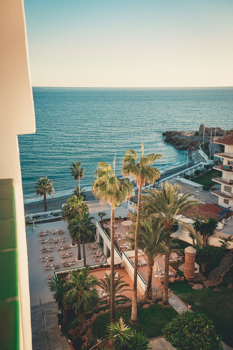 Vue plongeante sur la plage et les palmiers depuis une chambre d’hôtel