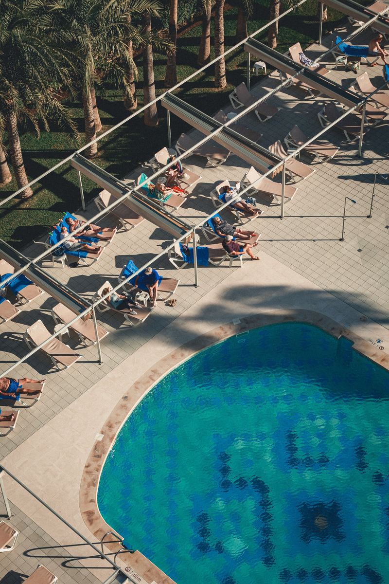 Transats et piscine vus en plongée à travers une pergola